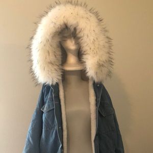 Fur Hoodie Denim Coat